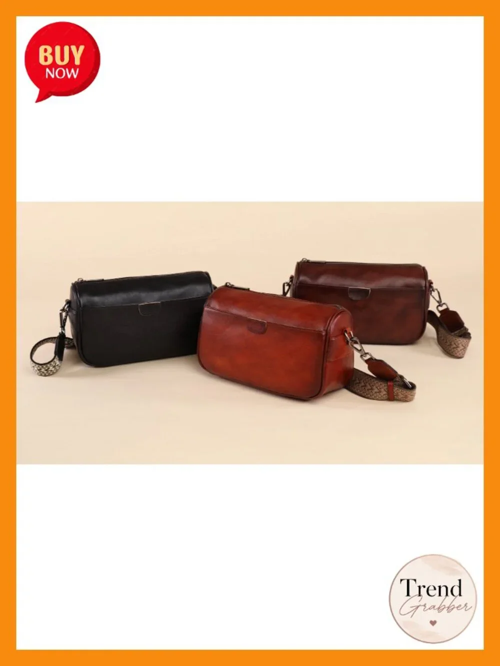 Vintage Genuine Leather Crossbody Bag with Boho Woven Strap